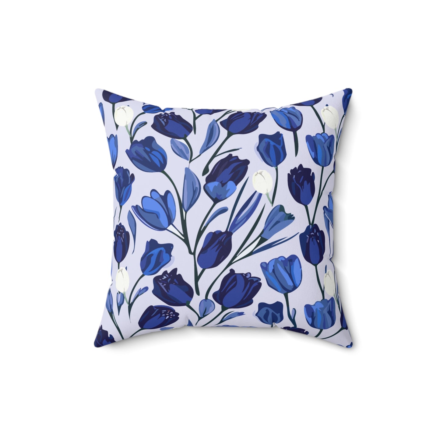 Delftware Inspired Square Pillow Featuring Elegant Blue Tulips