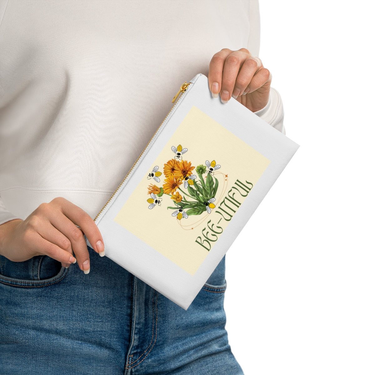 Cosmetic Bag Featuring Honey Bees Circling Sunflower Bunch