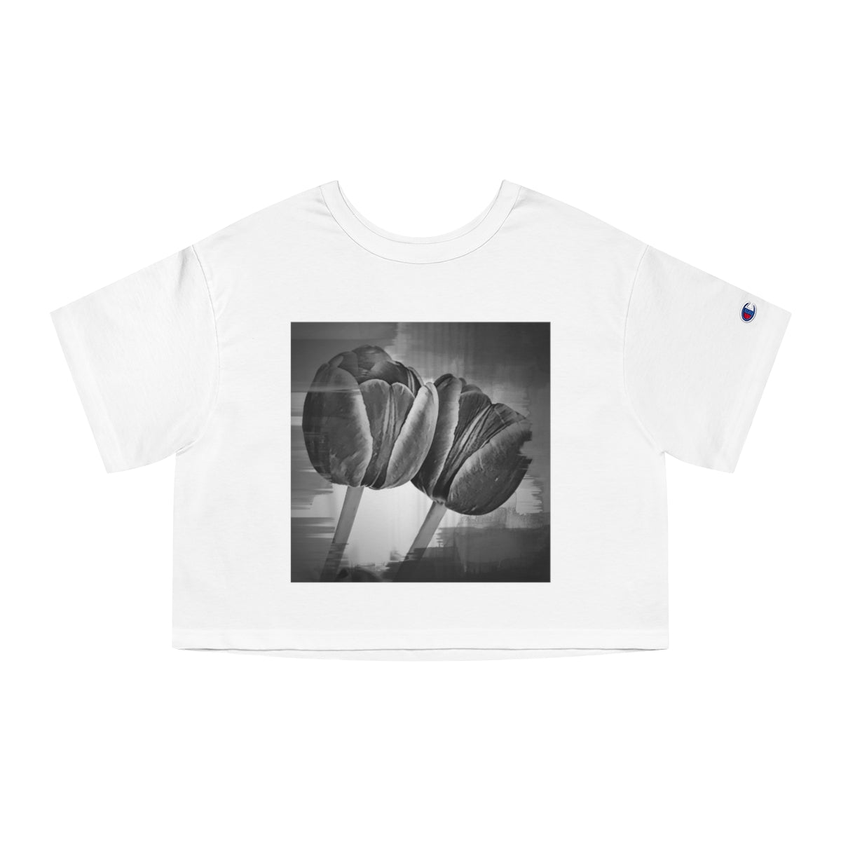 Vintage Style White Crop Top with Monochrome Tulips