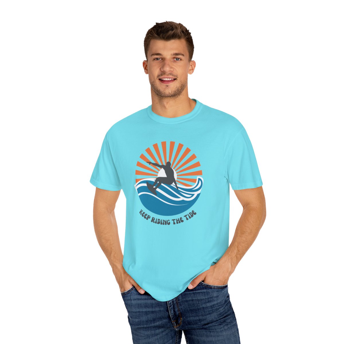 Chic Surfer Themed T-shirt Featuring Riding Dude with Cool Phrase