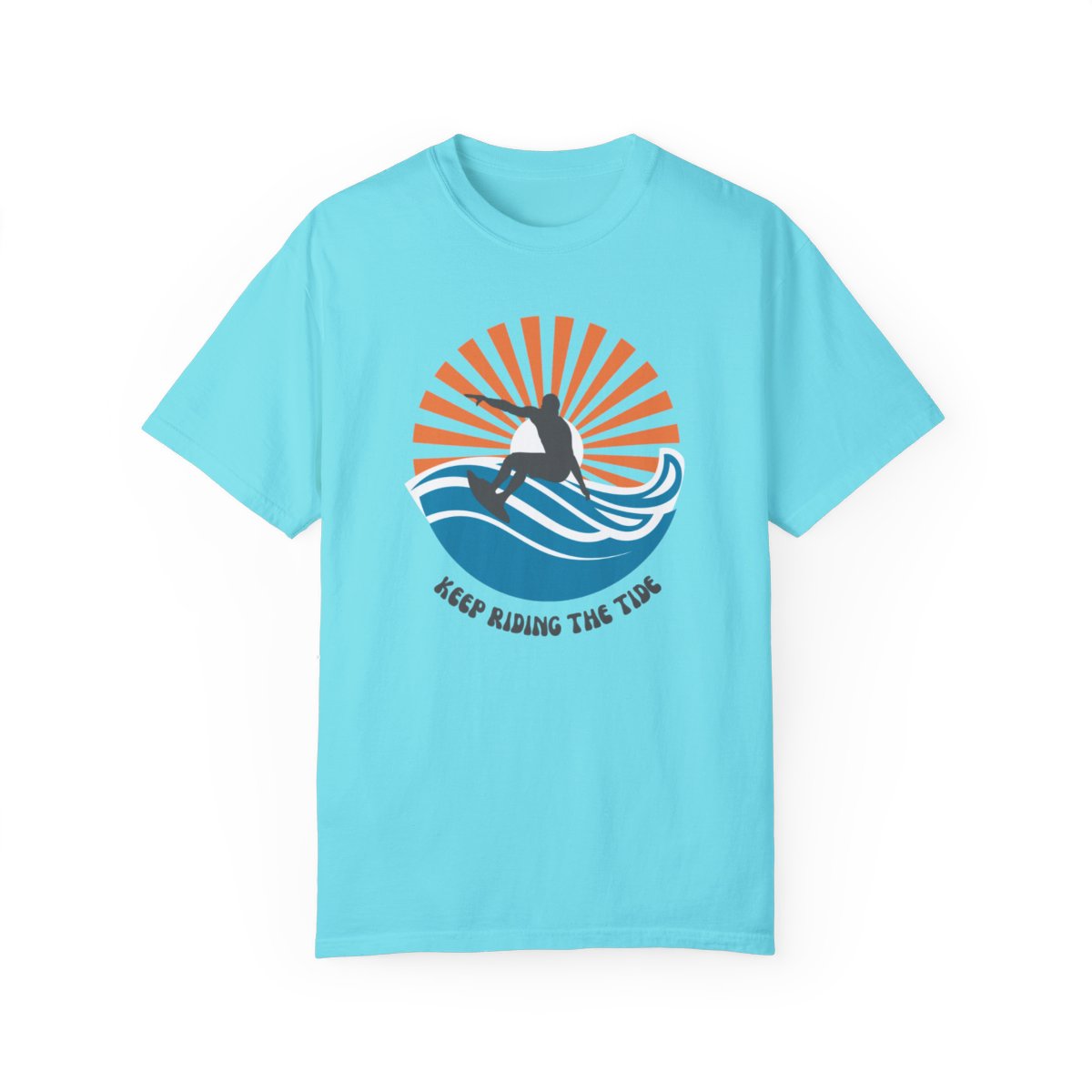 Chic Surfer Themed T-shirt Featuring Riding Dude with Cool Phrase
