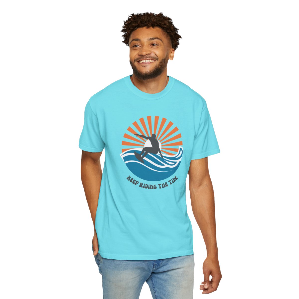 Chic Surfer Themed T-shirt Featuring Riding Dude with Cool Phrase