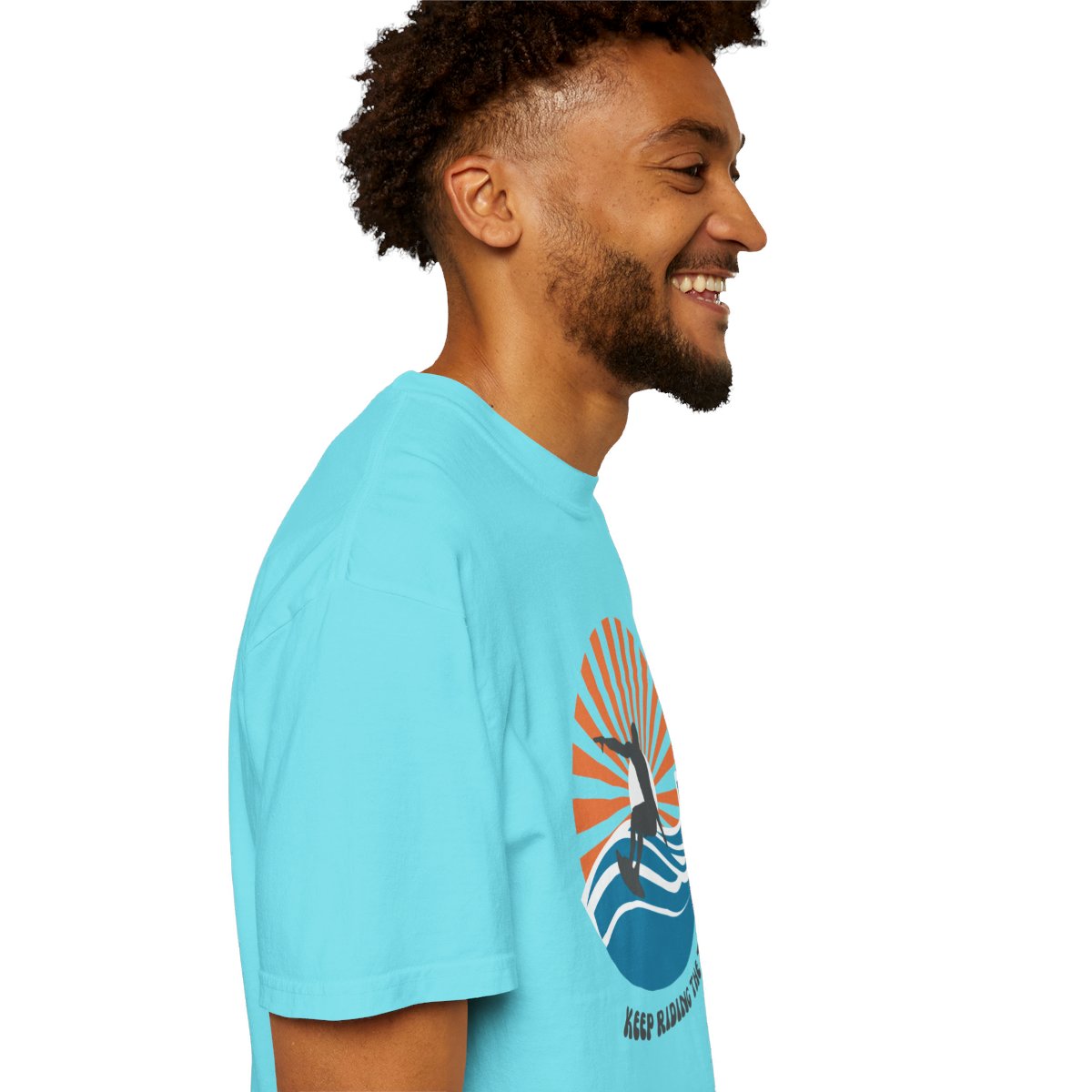 Chic Surfer Themed T-shirt Featuring Riding Dude with Cool Phrase