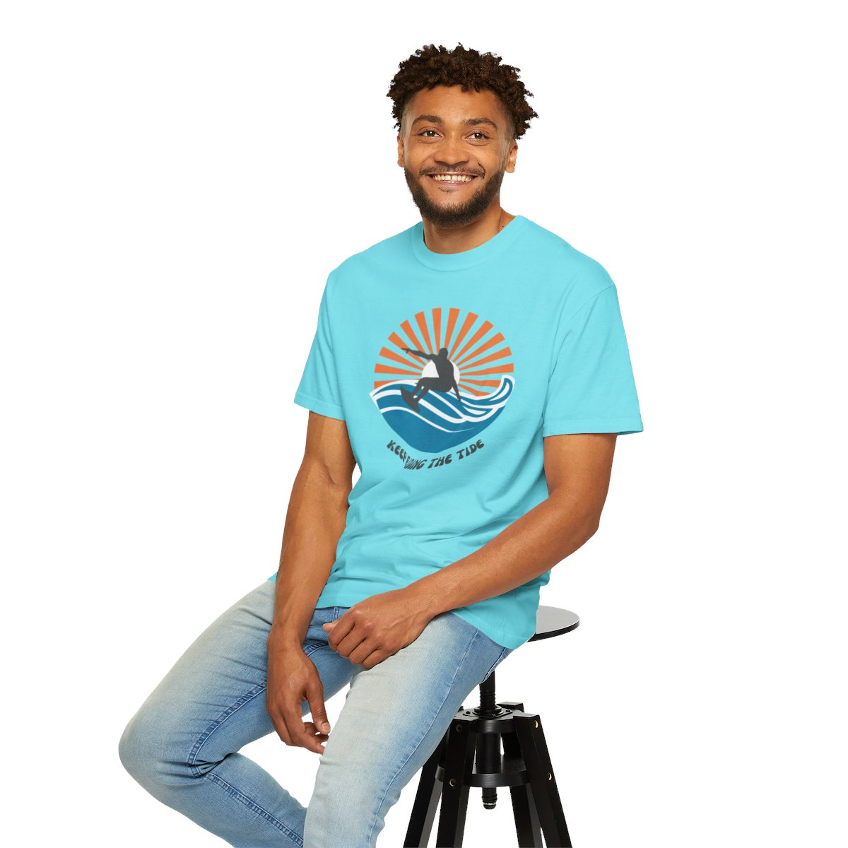 Chic Surfer Themed T-shirt Featuring Riding Dude with Cool Phrase
