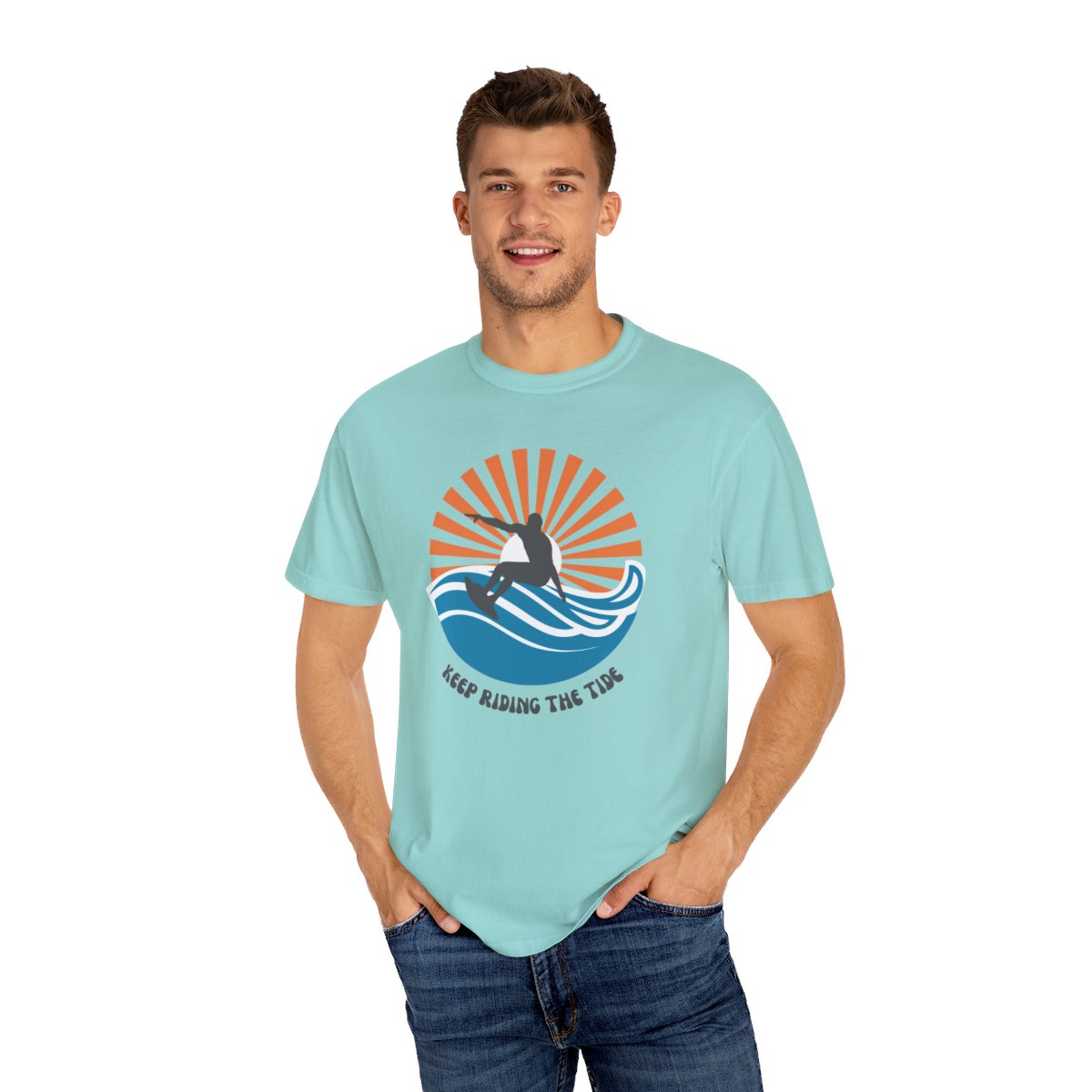 Chic Surfer Themed T-shirt Featuring Riding Dude with Cool Phrase