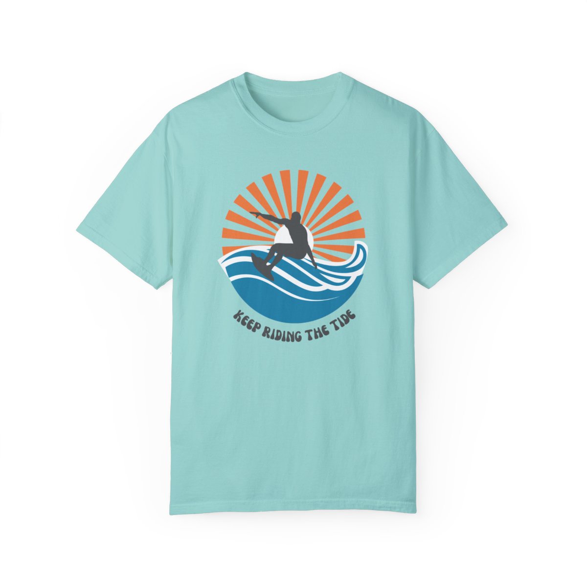 Chic Surfer Themed T-shirt Featuring Riding Dude with Cool Phrase