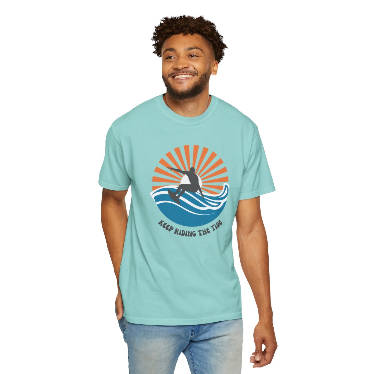 Chic Surfer Themed T-shirt Featuring Riding Dude with Cool Phrase