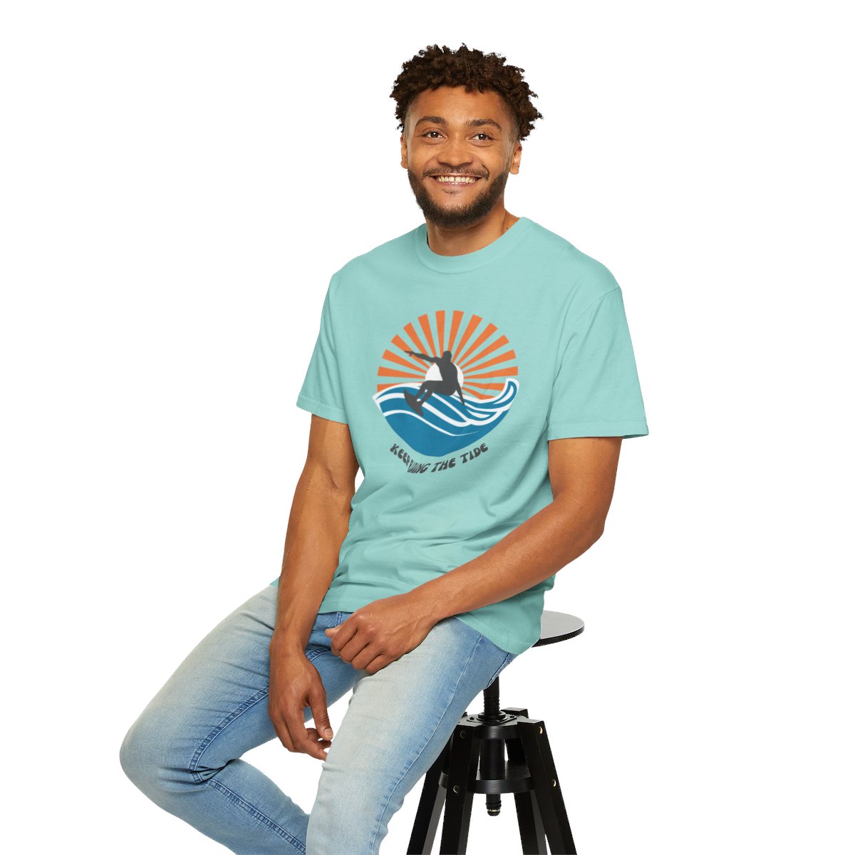 Chic Surfer Themed T-shirt Featuring Riding Dude with Cool Phrase