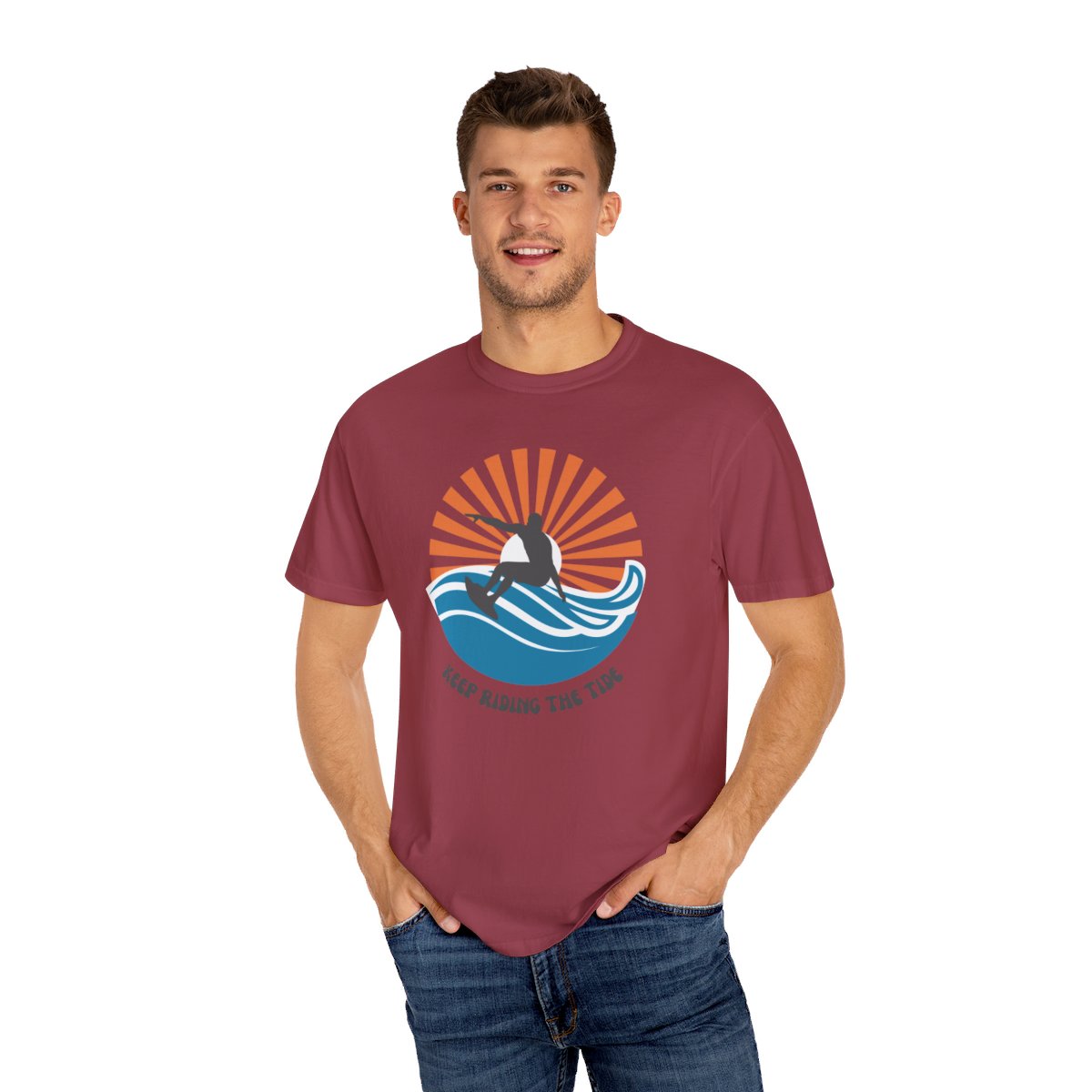 Chic Surfer Themed T-shirt Featuring Riding Dude with Cool Phrase