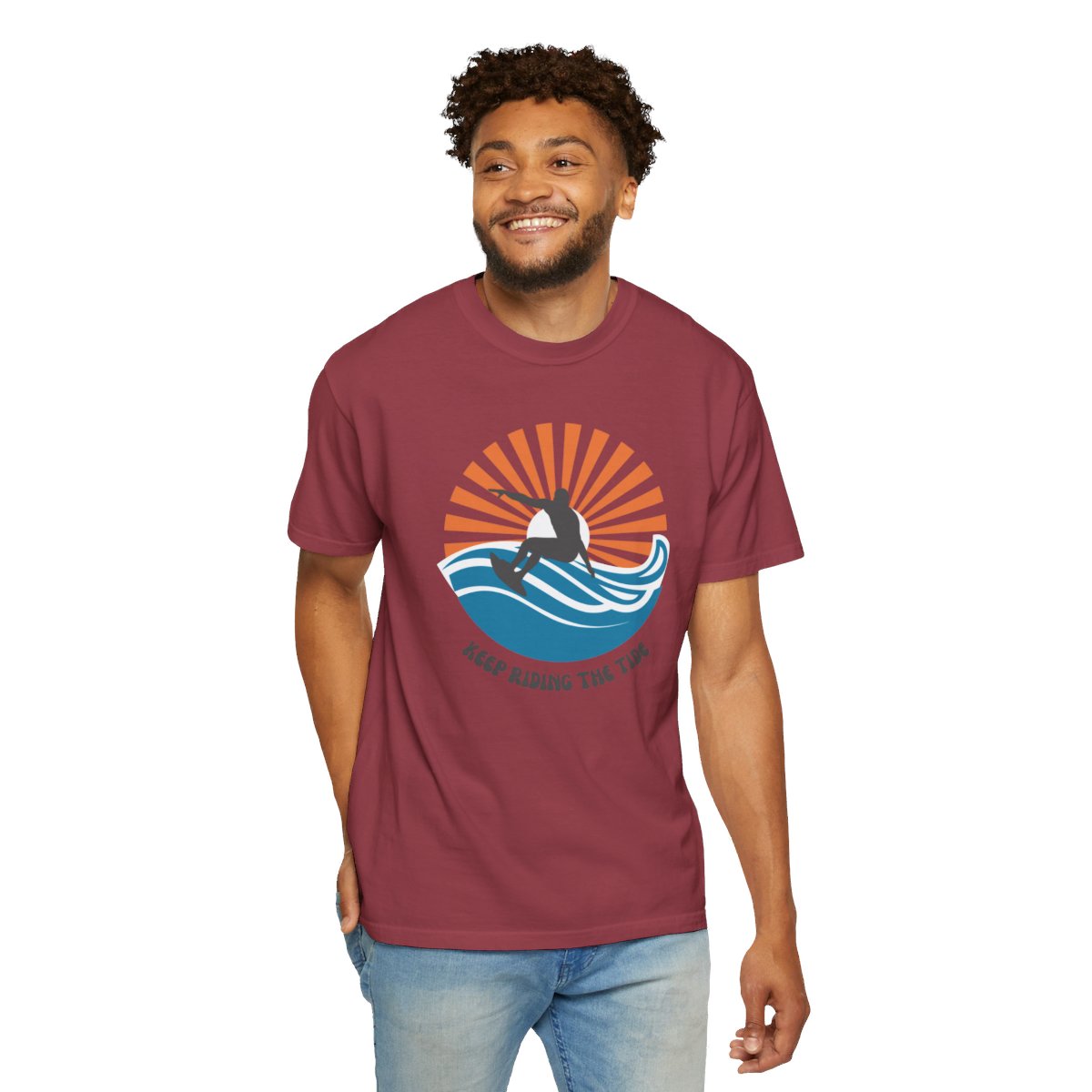 Chic Surfer Themed T-shirt Featuring Riding Dude with Cool Phrase