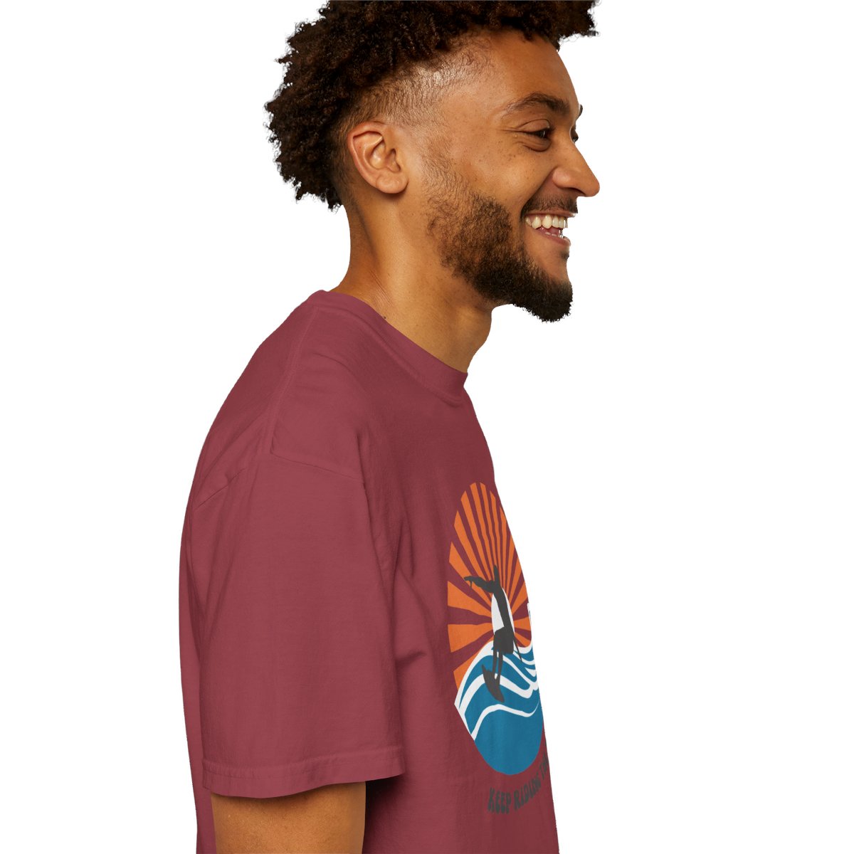 Chic Surfer Themed T-shirt Featuring Riding Dude with Cool Phrase