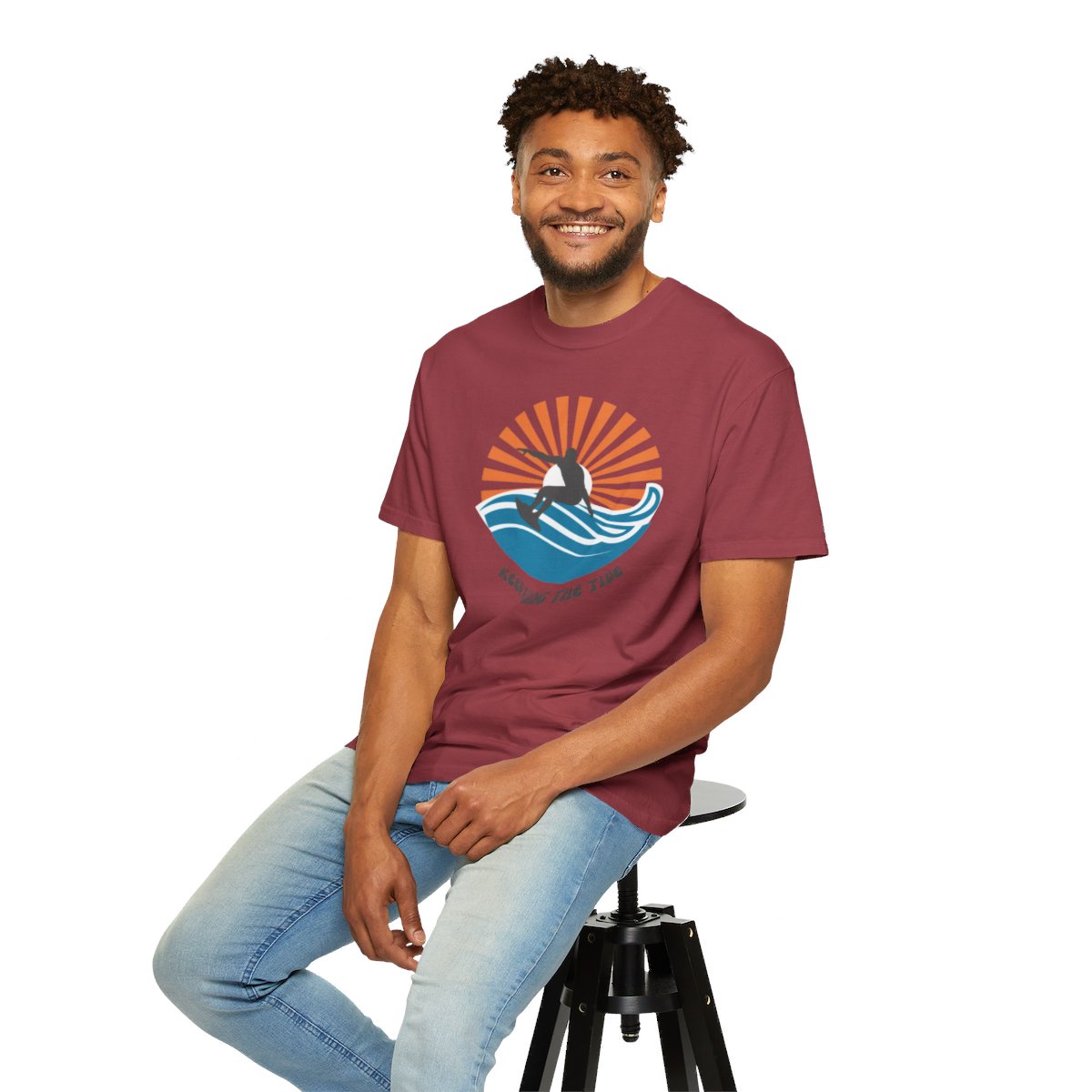 Chic Surfer Themed T-shirt Featuring Riding Dude with Cool Phrase