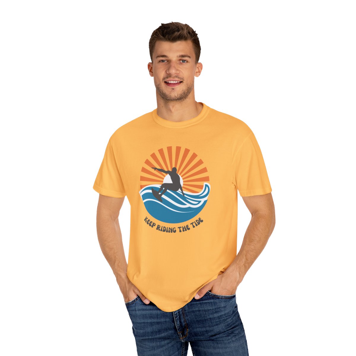 Chic Surfer Themed T-shirt Featuring Riding Dude with Cool Phrase