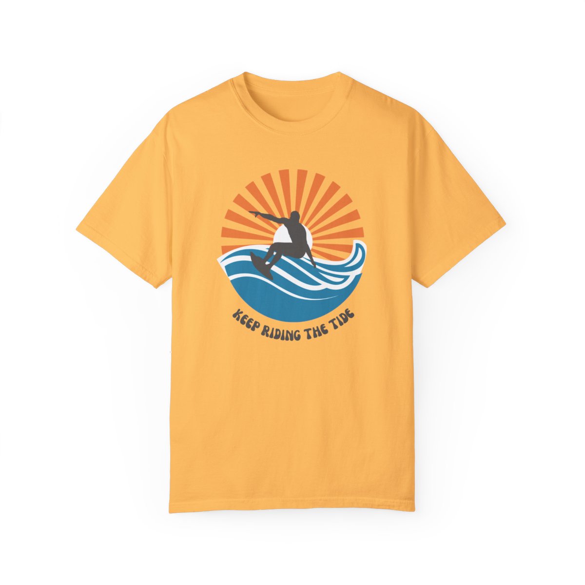 Chic Surfer Themed T-shirt Featuring Riding Dude with Cool Phrase