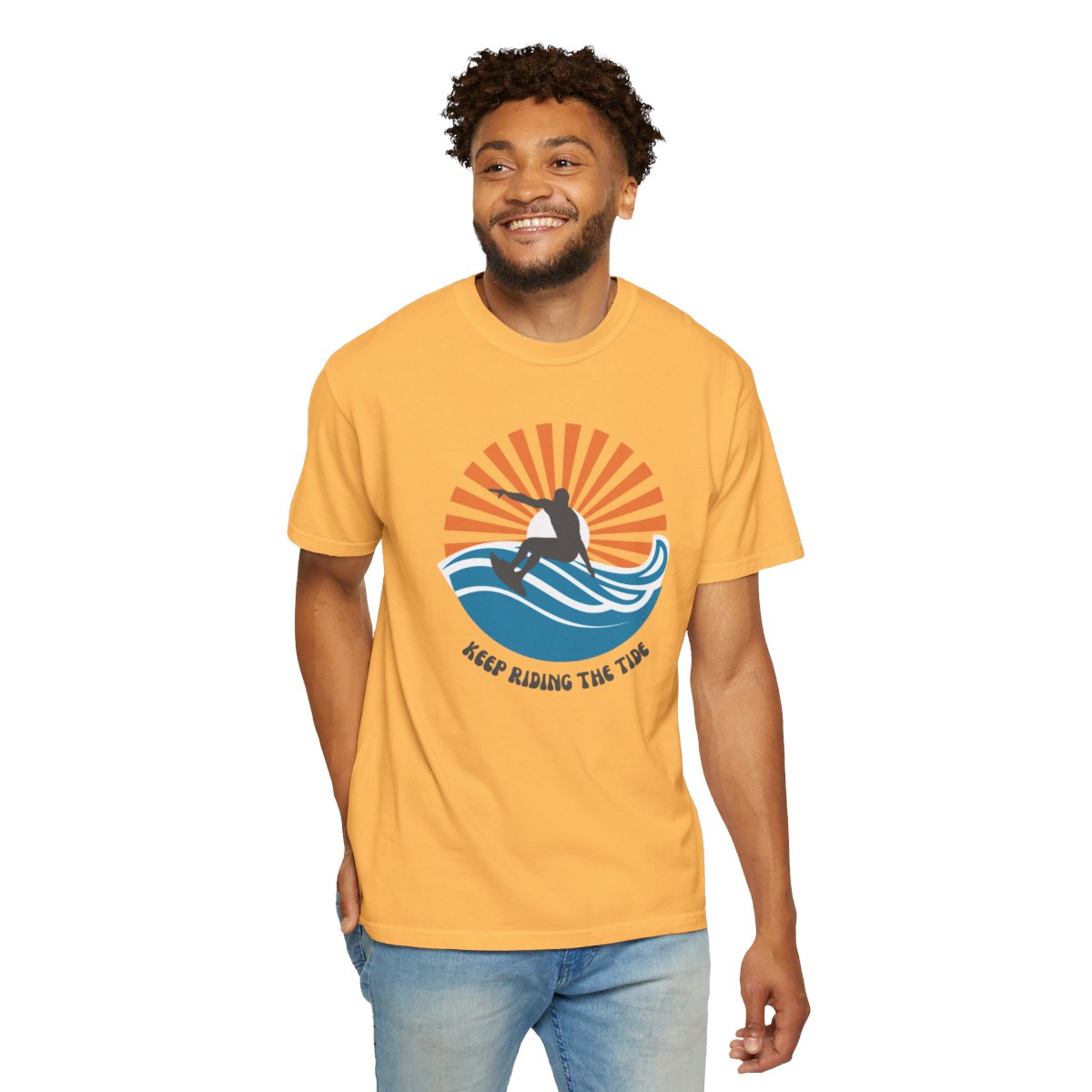 Chic Surfer Themed T-shirt Featuring Riding Dude with Cool Phrase