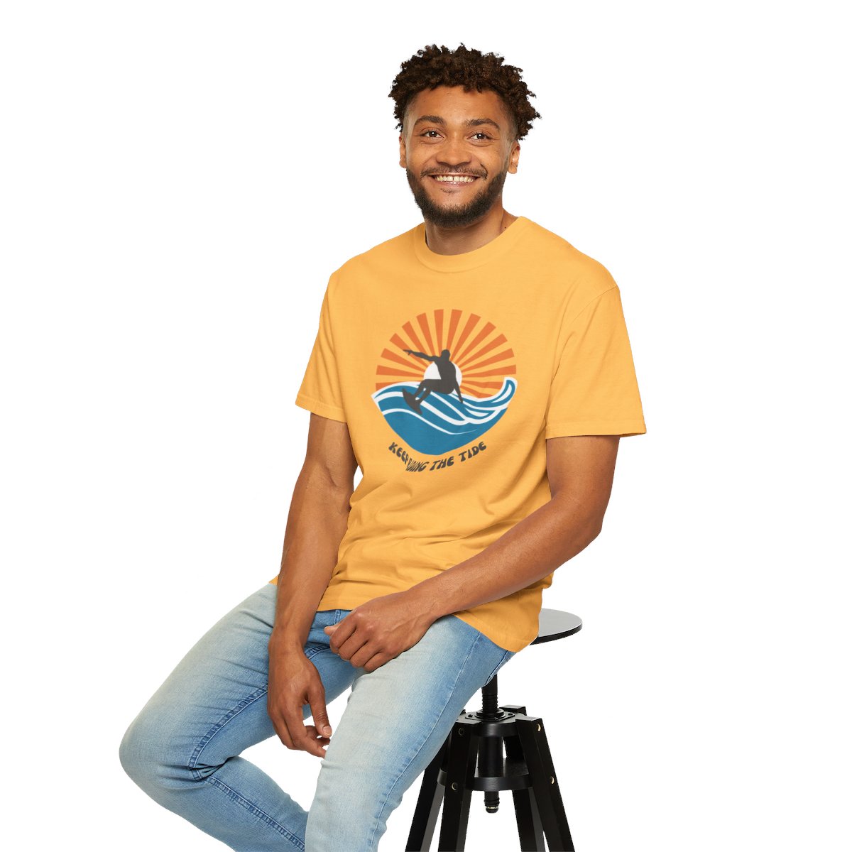 Chic Surfer Themed T-shirt Featuring Riding Dude with Cool Phrase