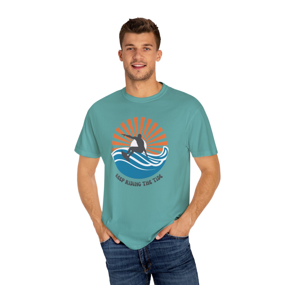 Chic Surfer Themed T-shirt Featuring Riding Dude with Cool Phrase