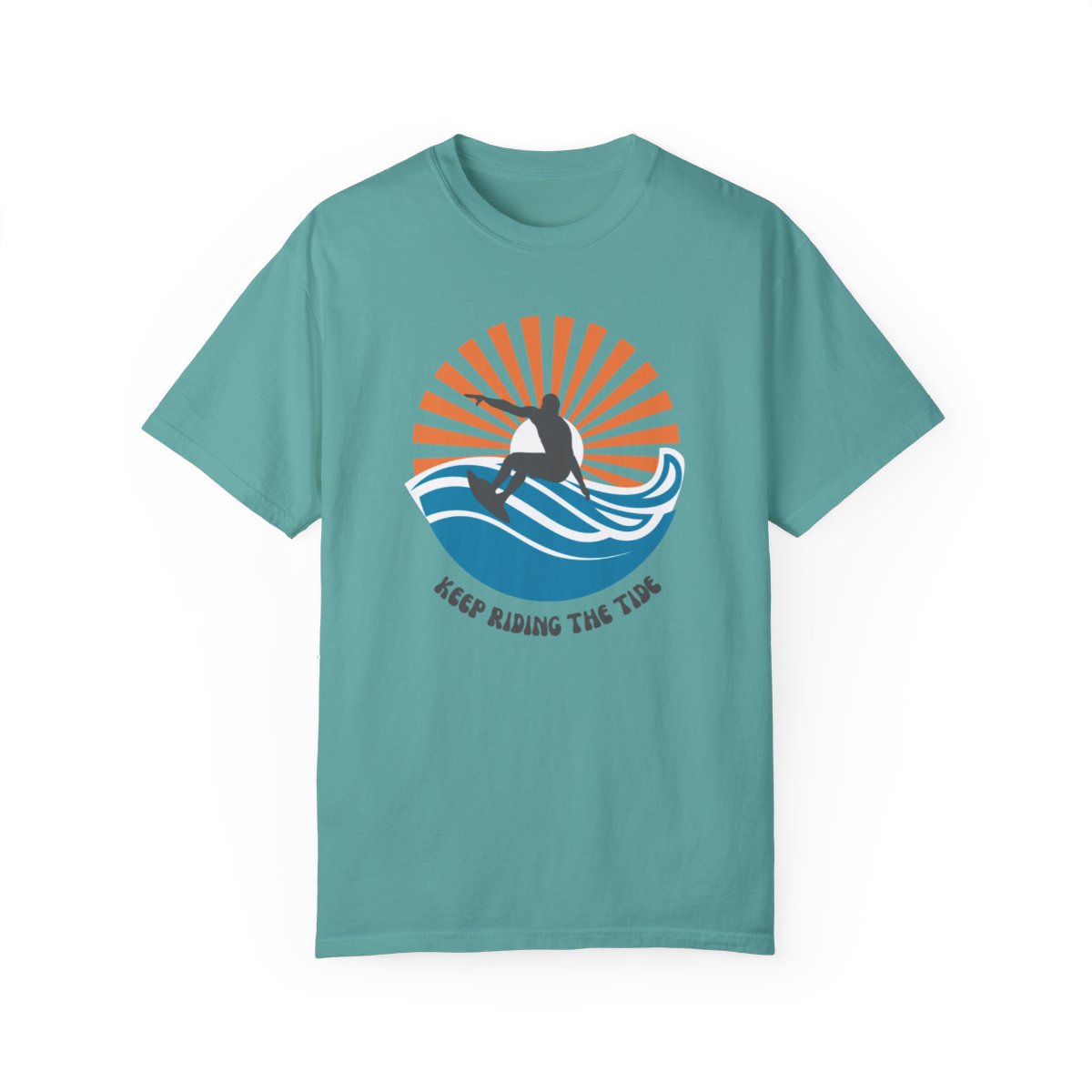 Chic Surfer Themed T-shirt Featuring Riding Dude with Cool Phrase