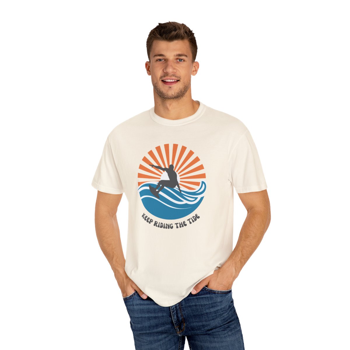 Chic Surfer Themed T-shirt Featuring Riding Dude with Cool Phrase