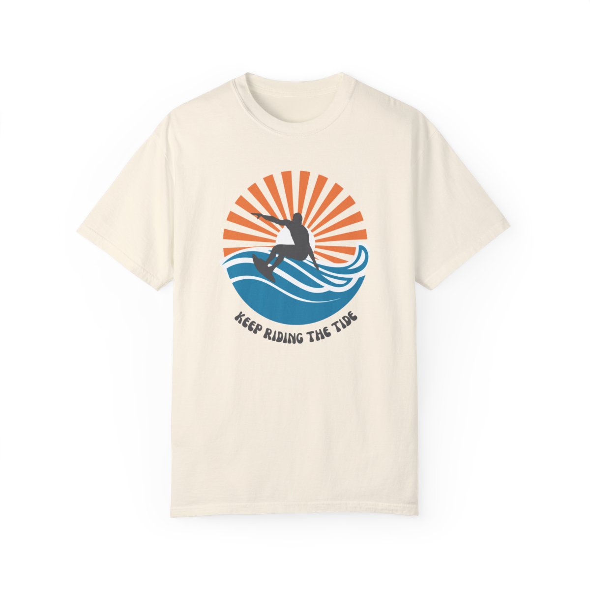 Chic Surfer Themed T-shirt Featuring Riding Dude with Cool Phrase
