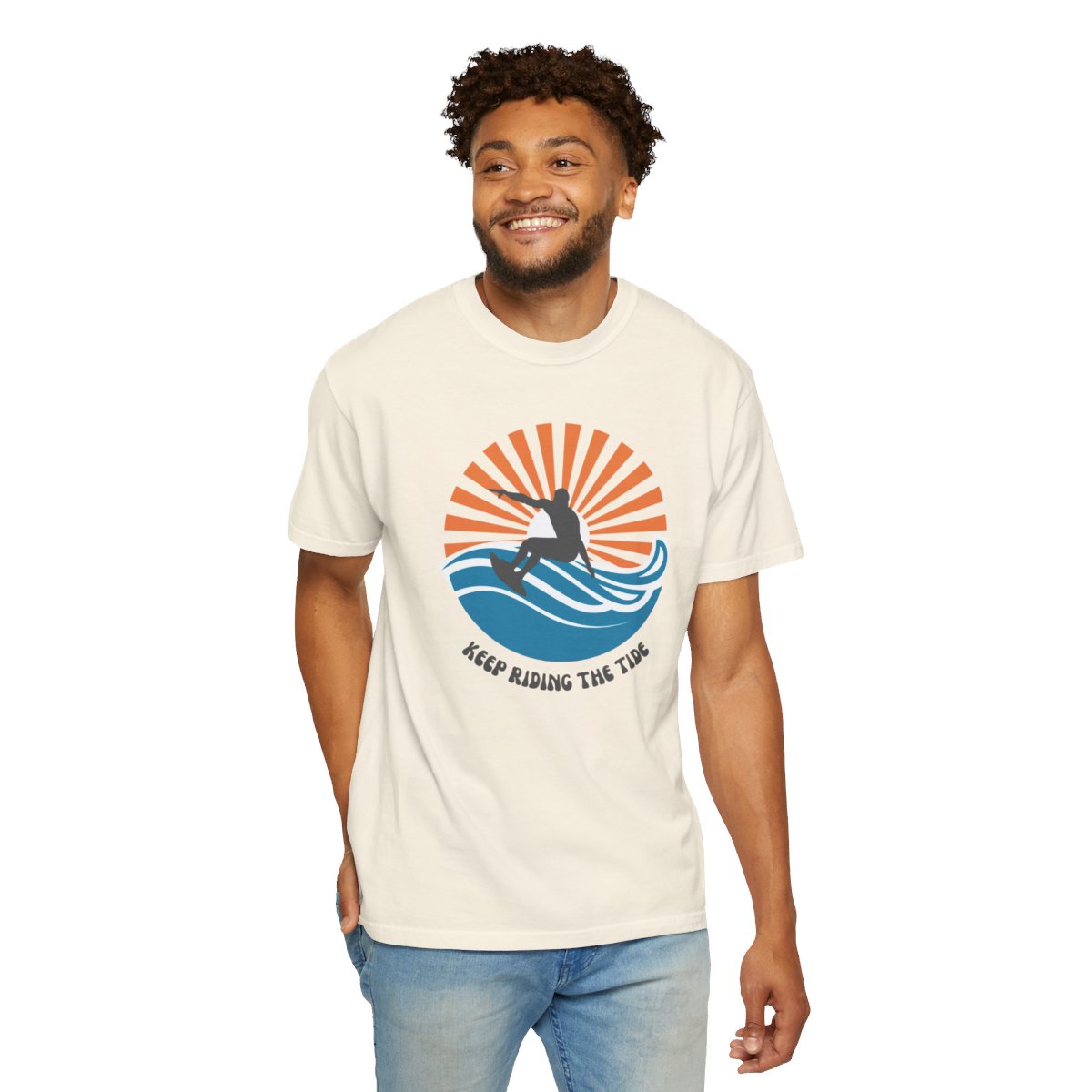 Chic Surfer Themed T-shirt Featuring Riding Dude with Cool Phrase