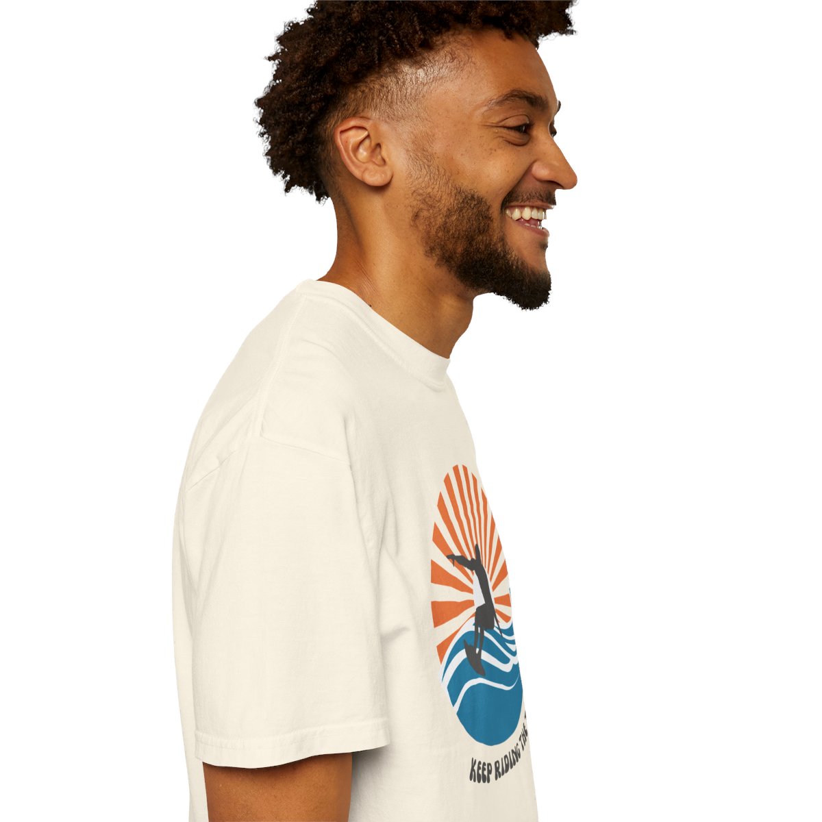 Chic Surfer Themed T-shirt Featuring Riding Dude with Cool Phrase