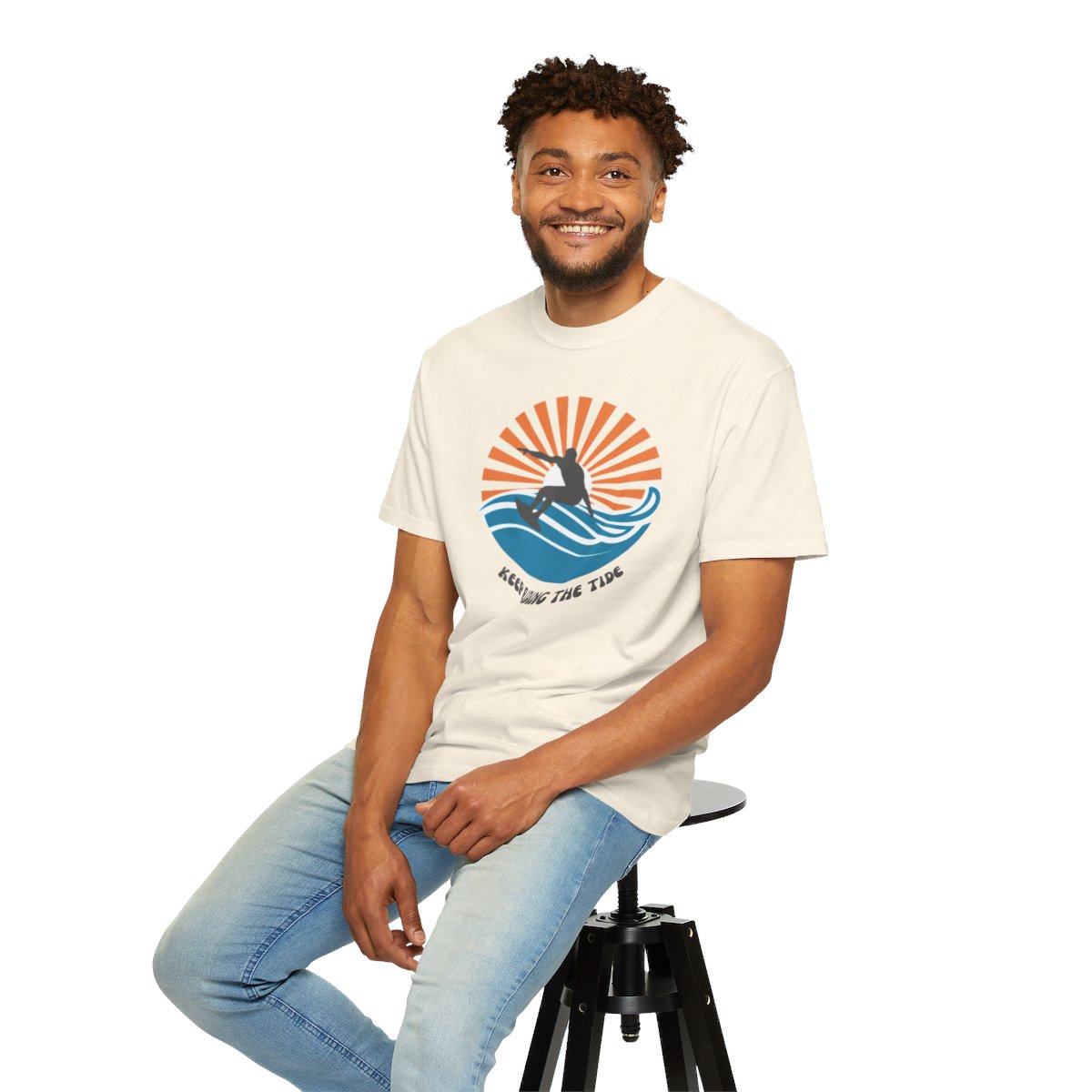 Chic Surfer Themed T-shirt Featuring Riding Dude with Cool Phrase