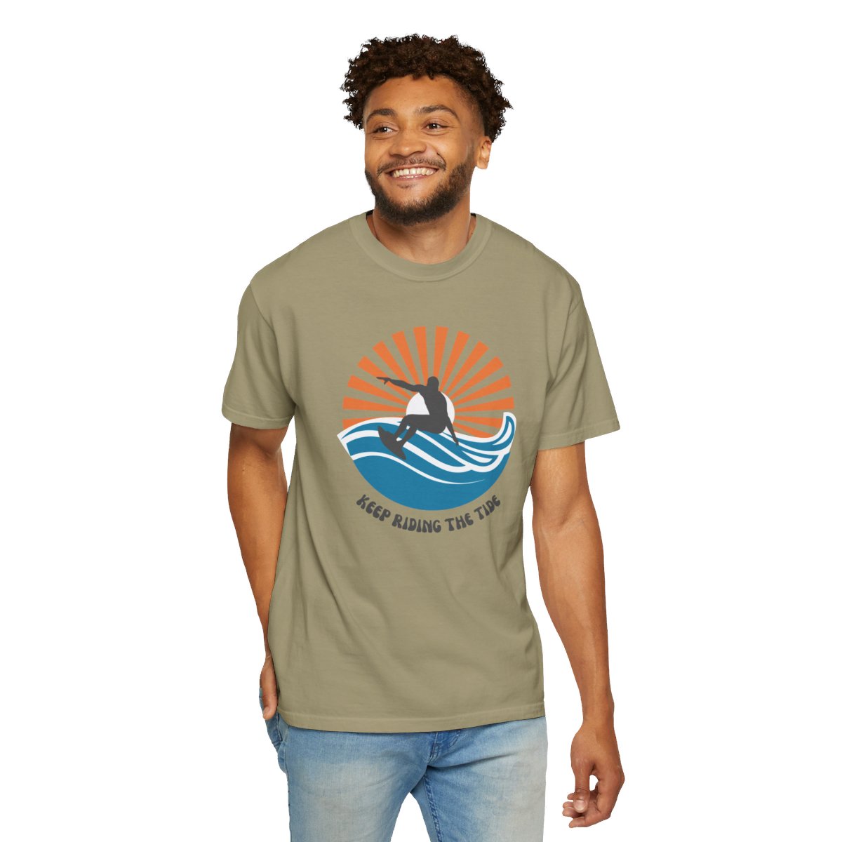 Chic Surfer Themed T-shirt Featuring Riding Dude with Cool Phrase
