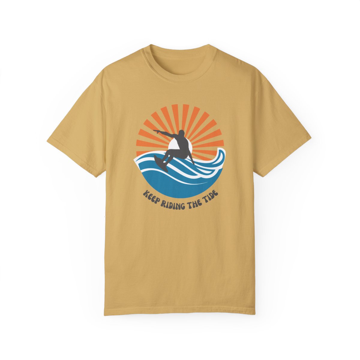 Chic Surfer Themed T-shirt Featuring Riding Dude with Cool Phrase