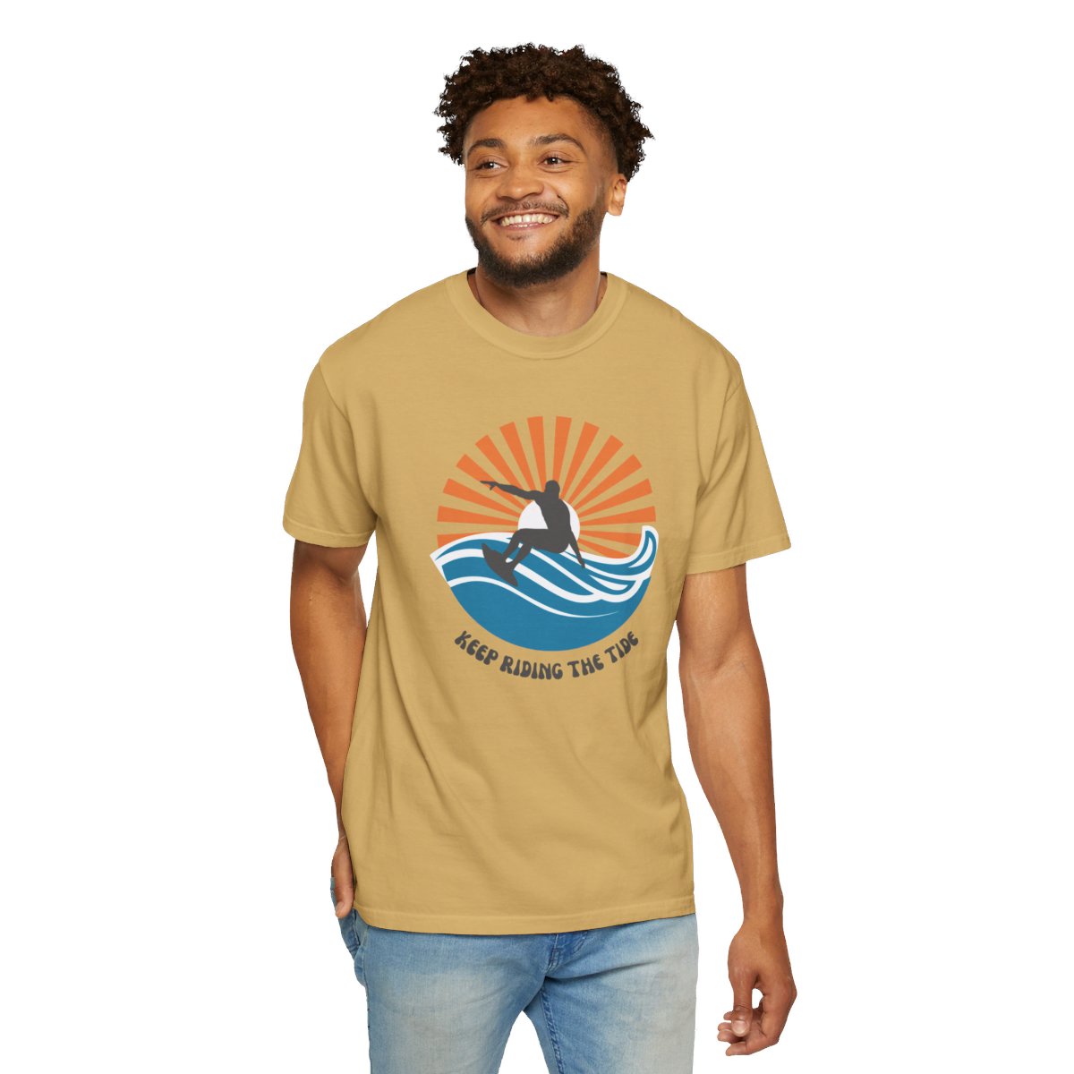 Chic Surfer Themed T-shirt Featuring Riding Dude with Cool Phrase