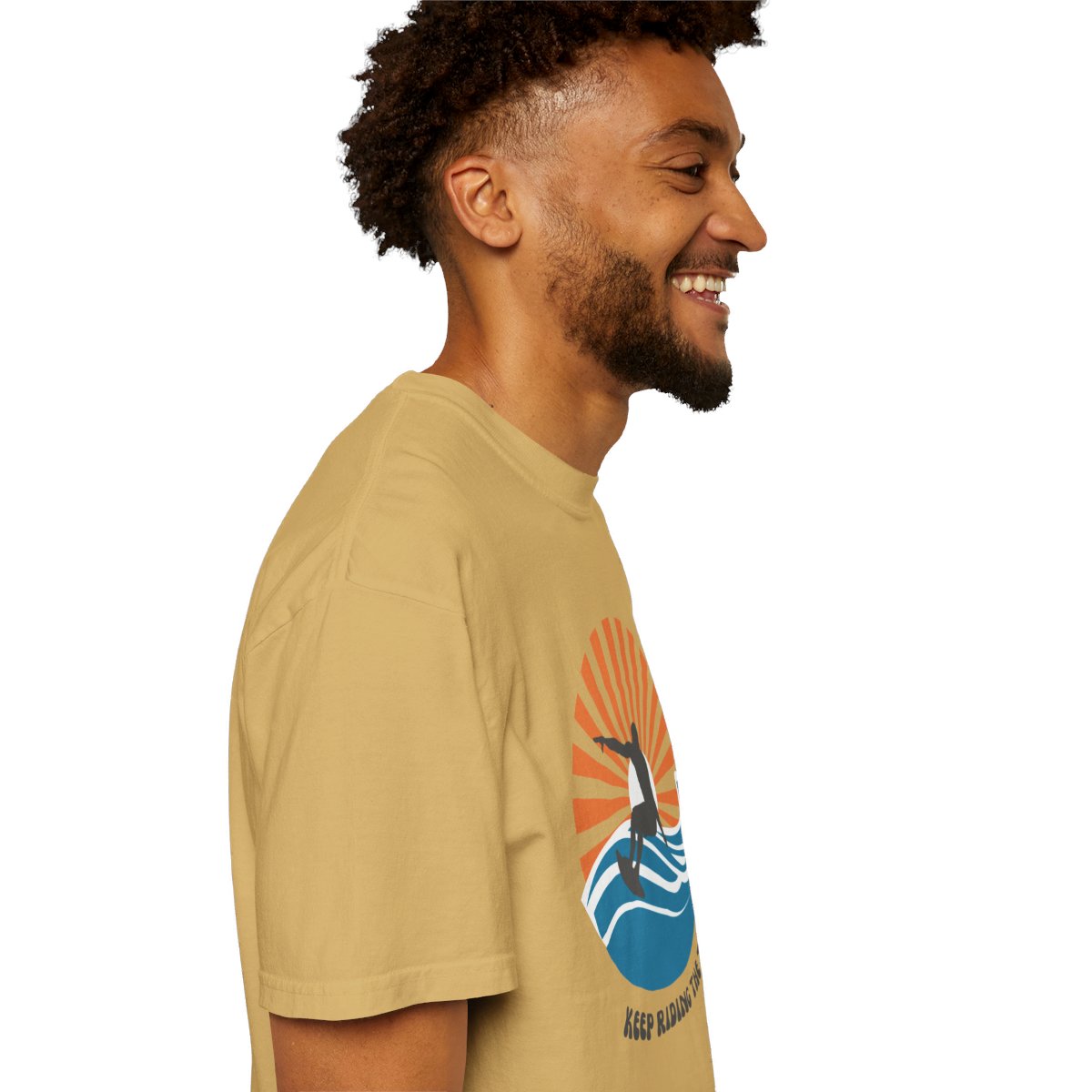 Chic Surfer Themed T-shirt Featuring Riding Dude with Cool Phrase