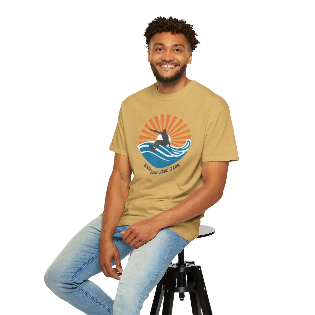 Chic Surfer Themed T-shirt Featuring Riding Dude with Cool Phrase