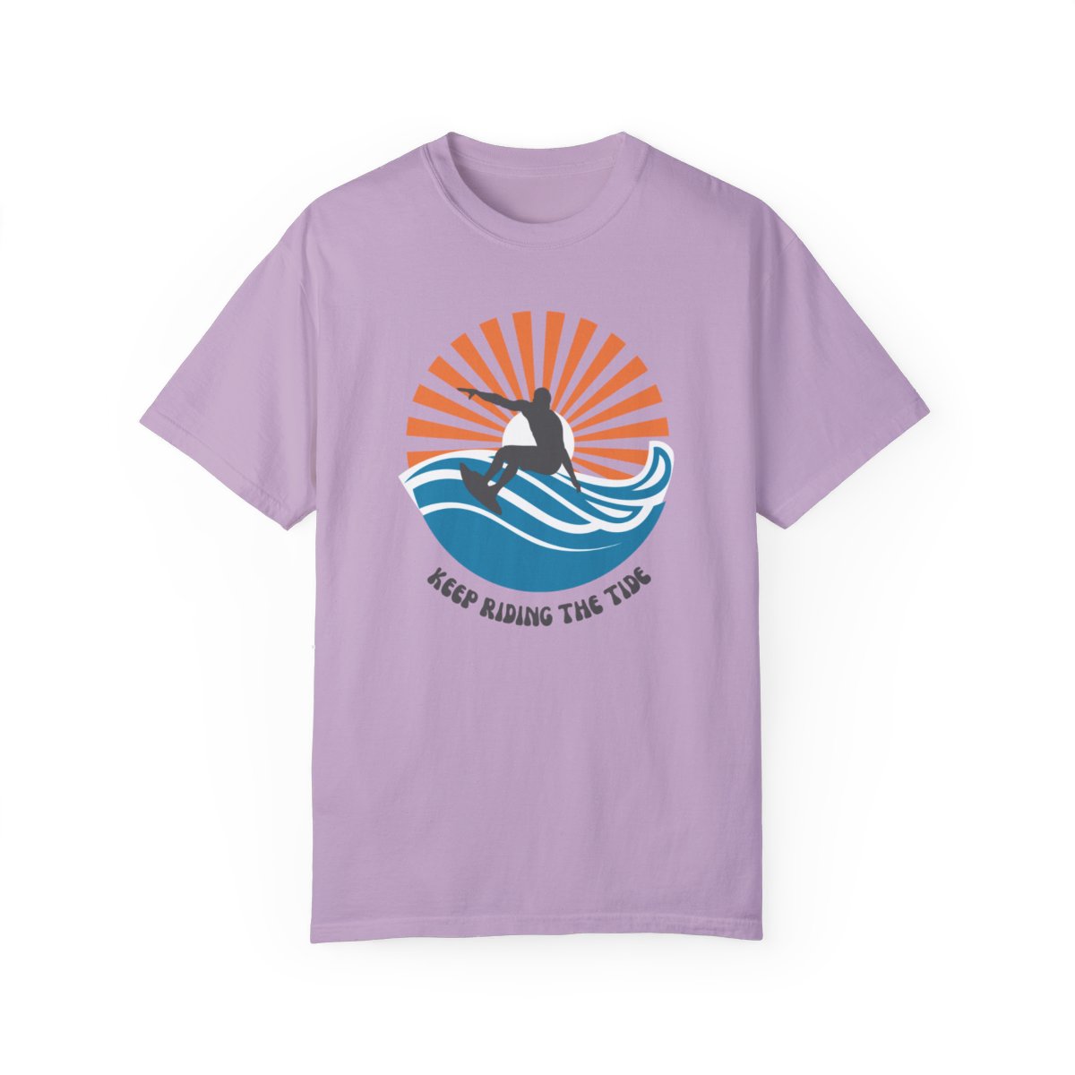 Chic Surfer Themed T-shirt Featuring Riding Dude with Cool Phrase