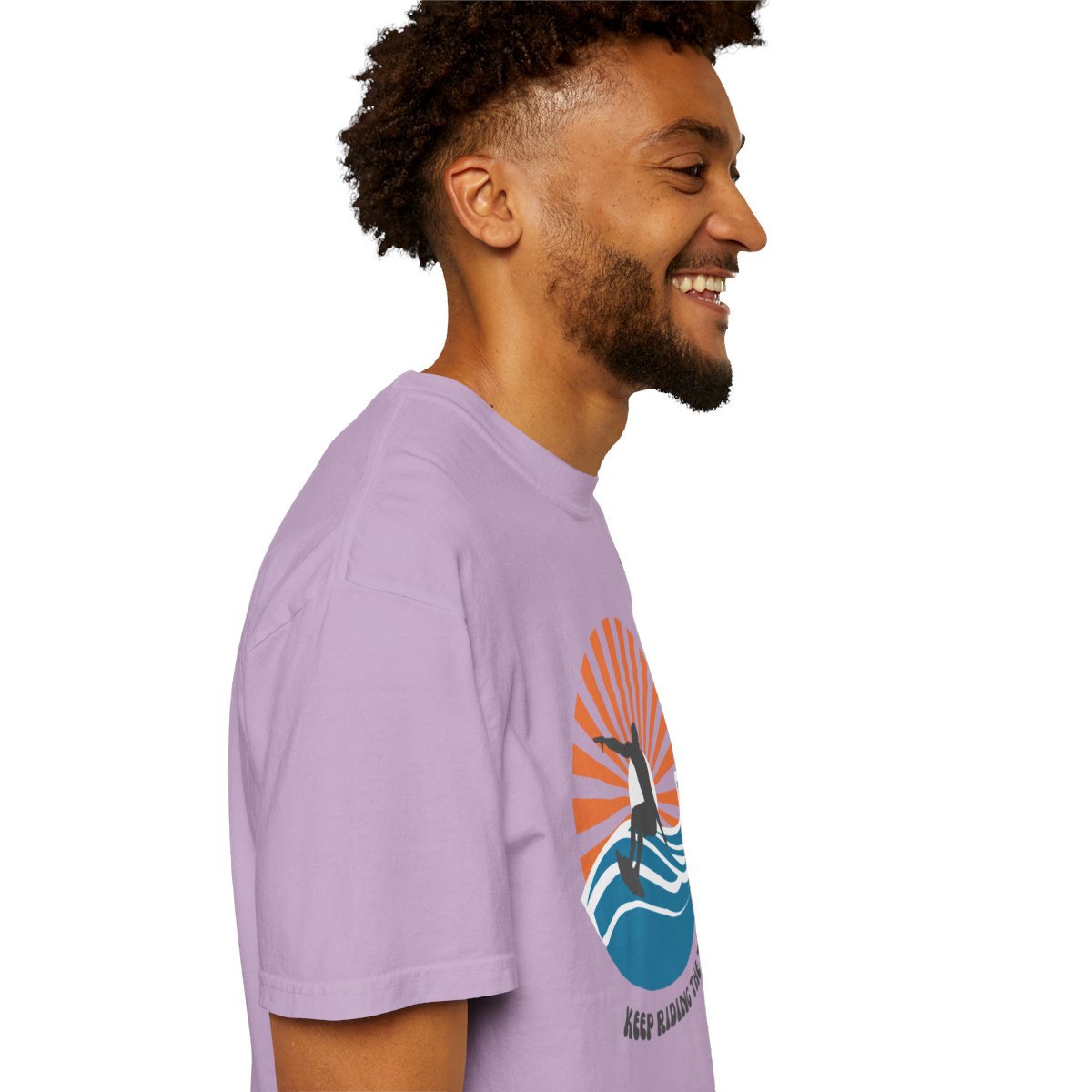 Chic Surfer Themed T-shirt Featuring Riding Dude with Cool Phrase