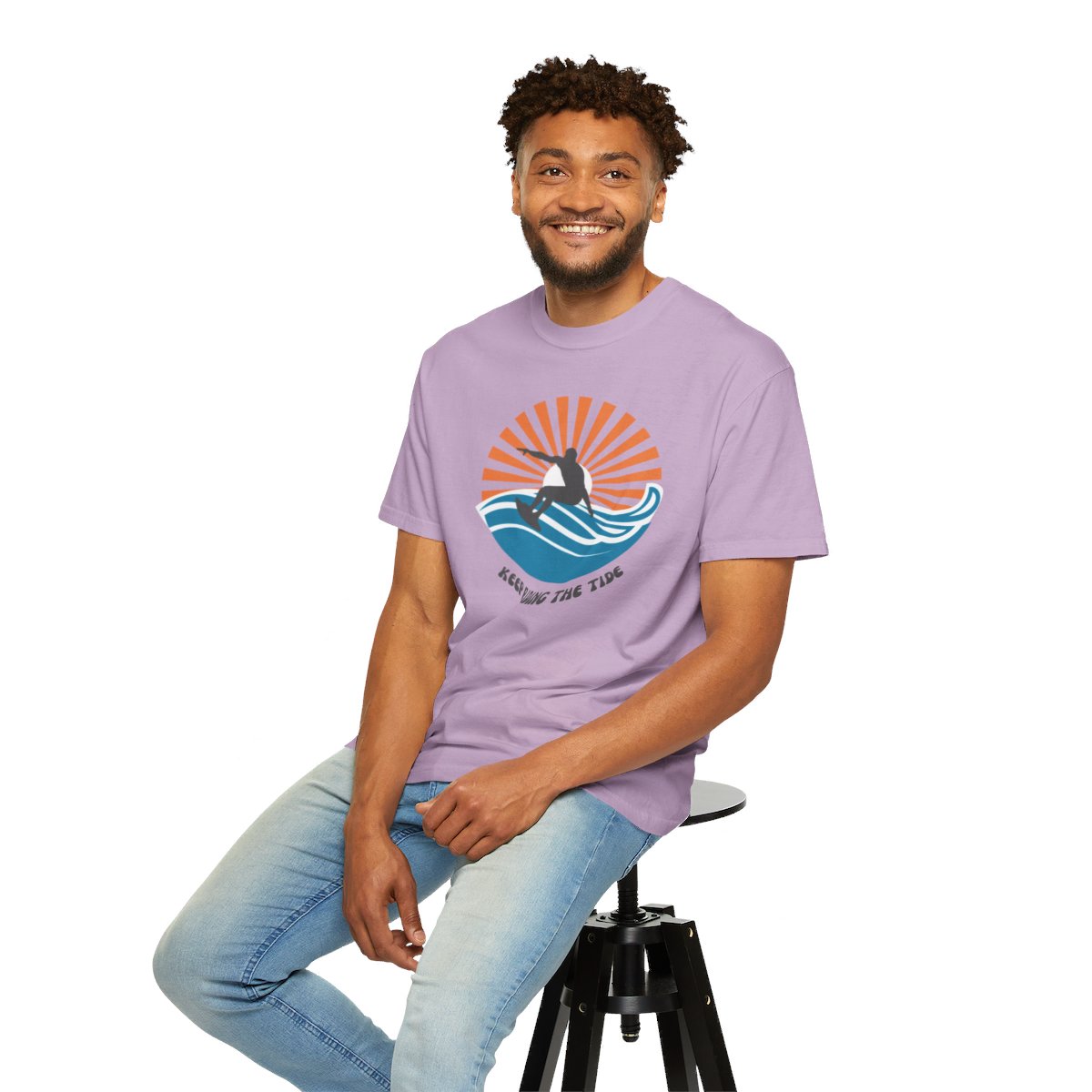 Chic Surfer Themed T-shirt Featuring Riding Dude with Cool Phrase