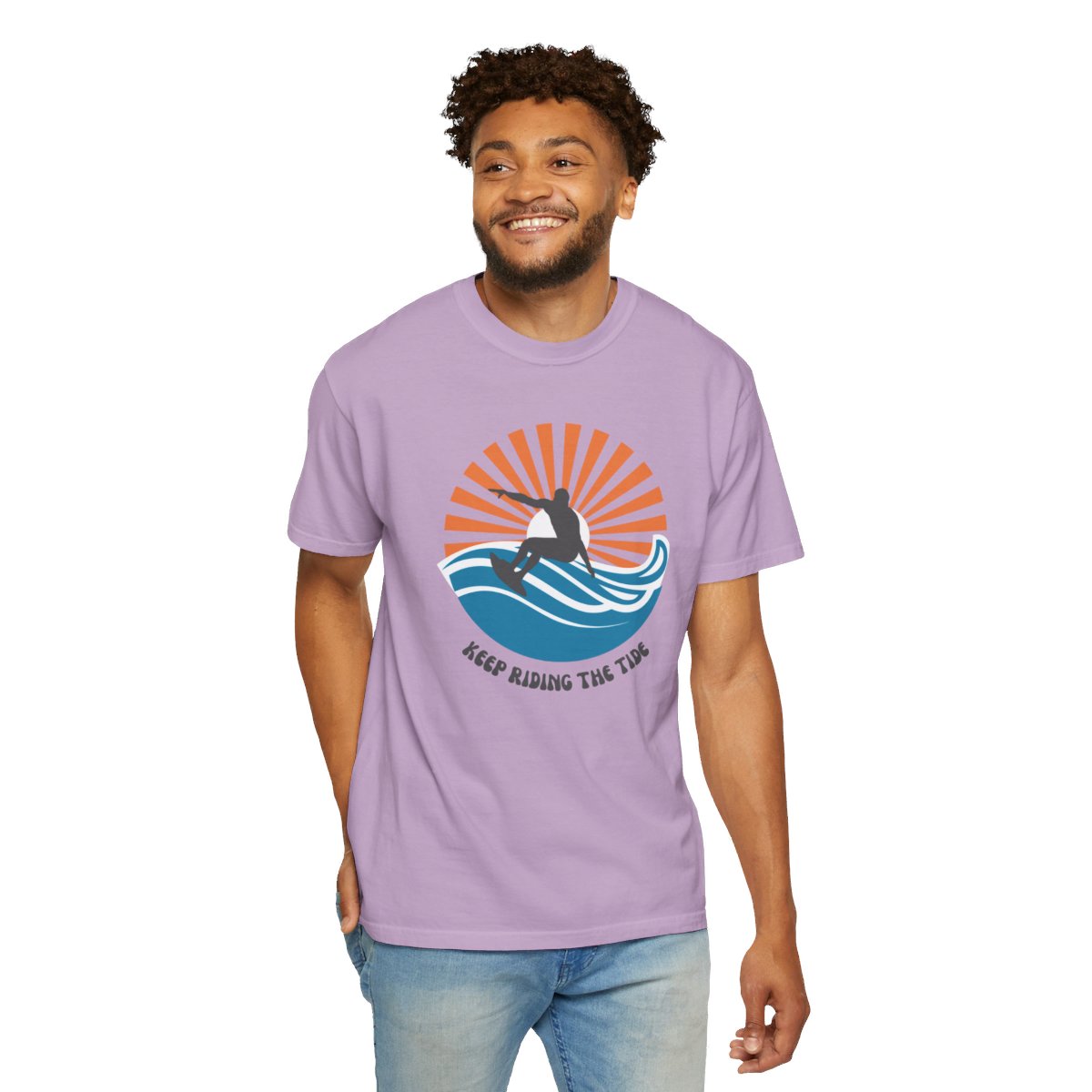 Chic Surfer Themed T-shirt Featuring Riding Dude with Cool Phrase