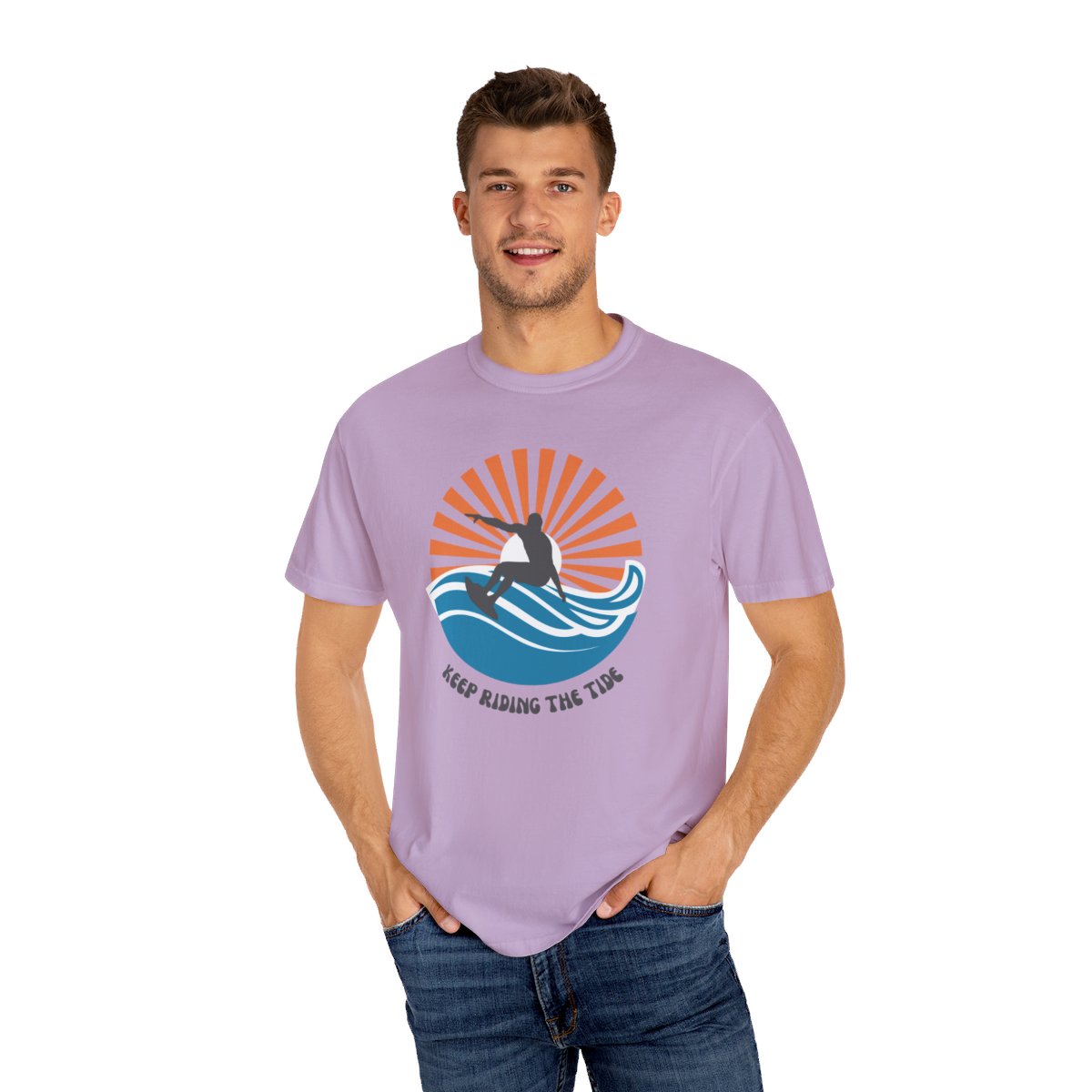 Chic Surfer Themed T-shirt Featuring Riding Dude with Cool Phrase