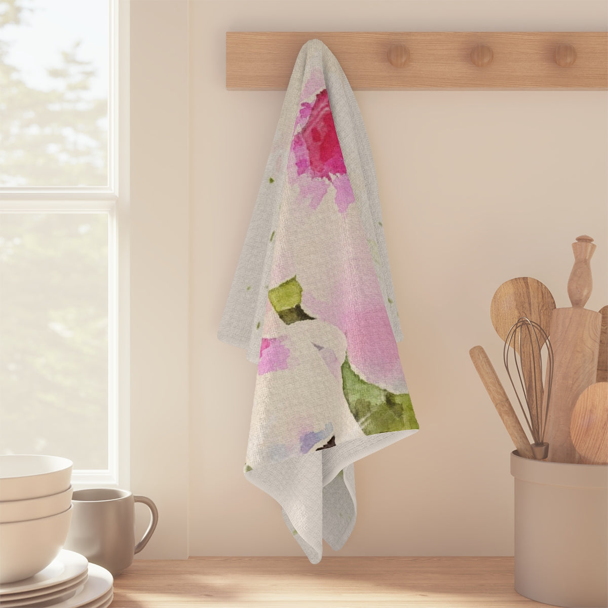 Garden Floral Kitchen Tea Towel in Watercolor Style