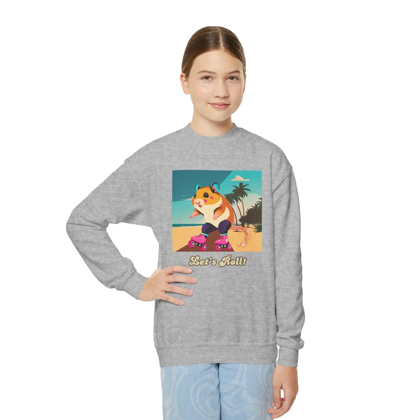 Cozy Youth Crewneck Sweatshirt Featuring Roller Skating Hammy