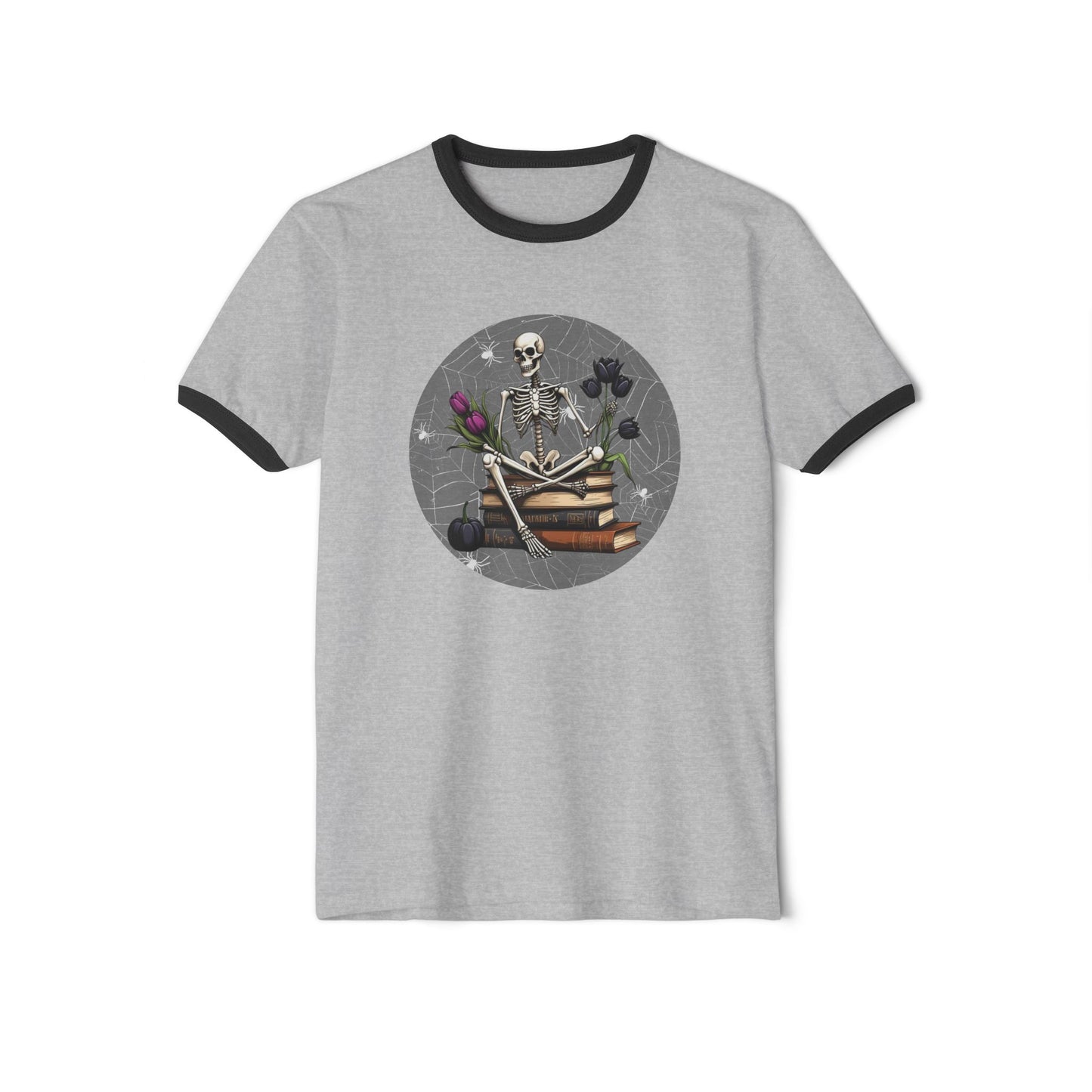 Skeleton Book Lover Ringer T-Shirt, Unique Graphic Tee, Cute Halloween Outfit, Unisex Gift for Readers, Literary Apparel