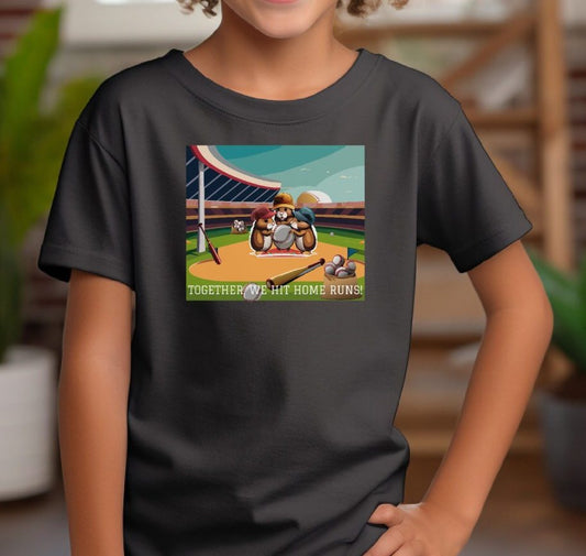 Embrace the excitement of the game with our high-quality kids' tee that celebrates baseball and teamwork! This vibrant and fun shirt is perfect for young players, capturing the thrill of hitting home runs and working together.