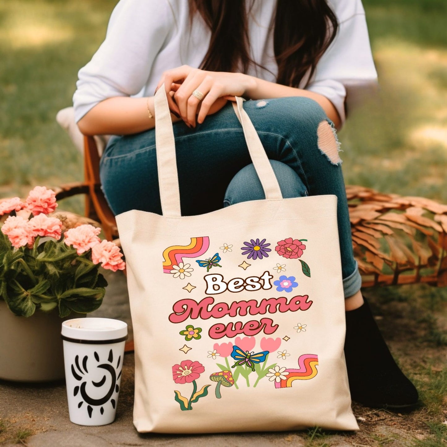 Best Momma Ever Retro Floral Canvas Tote