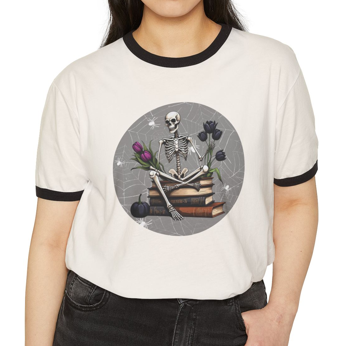 Skeleton Book Lover Ringer T-Shirt, Unique Graphic Tee, Cute Halloween Outfit, Unisex Gift for Readers, Literary Apparel