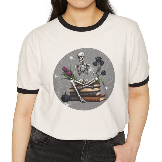 Skeleton Book Lover Ringer T-Shirt, Unique Graphic Tee, Cute Halloween Outfit, Unisex Gift for Readers, Literary Apparel