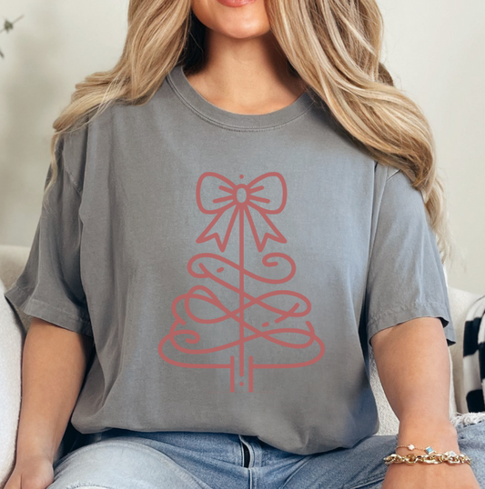 Stylish Tee Featuring Coquette Inspired Bow Topped Christmas Tree