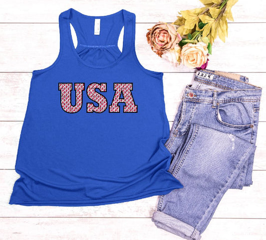 Fourth of July Racerback Tank with Floral USA Logo