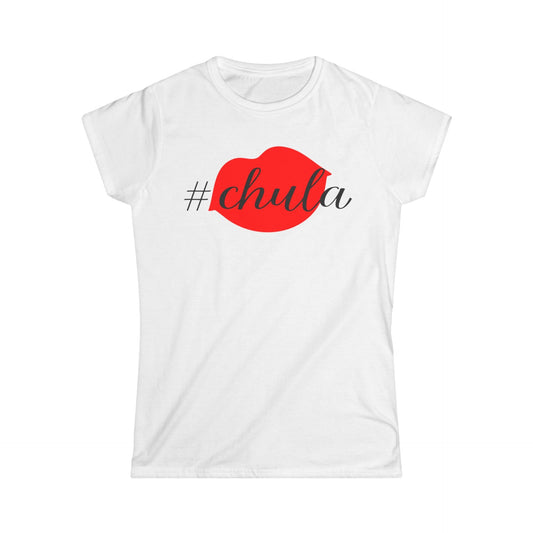 Cute White Tee for Women with Red Lips and Hashtag Chula Design