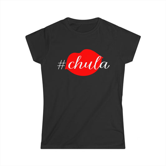 Cute Black Tee for Women with Red Lips and Hashtag Chula Design