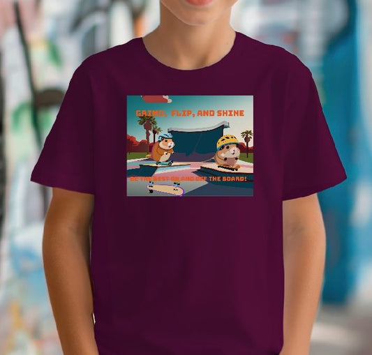 Treat your little skater to some serious cuteness with our high-quality cotton tee featuring a couple of adorable hamsters showing off their tricks at the skate park! This playful and vibrant design captures the fun and excitement of skateboarding, with hamsters doing flips and spins that'll make everyone smile.