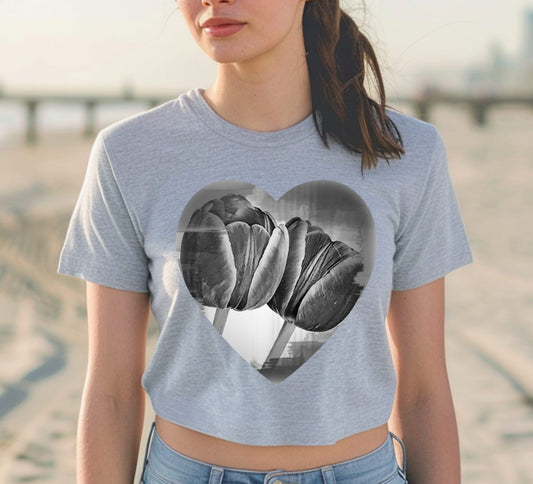 Vintage Style Grey Crop Top with Heart Shaped Monochrome Tulips